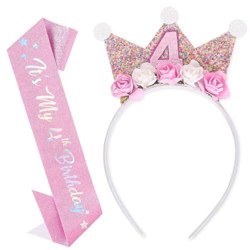 4 Jahr Geburtstagskrone Schärpe Set für Mädchen, Krone Geburtstag mit Rose Blumen, Geburtstagsdeko Mädchen 4 Jahr, Party Deko Hut für Kindergeburtstag, Prinzessin Stirnband für Kinder Geburtstag Party 4 Jahr Geburtstagskrone Schärpe Set für Mädchen, Krone Geburtstag mit Rose Blumen, Geburtstagsdeko Mädchen 4 Jahr, Party Deko Hut für Kindergeburtstag, Prinzessin Stirnband für Kinder Geburtstag Party von CensuobOB