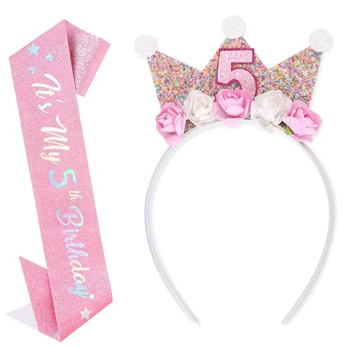 5 Jahr Geburtstagskrone Schärpe Set für Mädchen, Krone Geburtstag mit Rose Blumen, Geburtstagsdeko Mädchen 5 Jahr, Party Deko Hut für Kindergeburtstag, Prinzessin Stirnband für Kinder Geburtstag Party 5 Jahr Geburtstagskrone Schärpe Set für Mädchen, Krone Geburtstag mit Rose Blumen, Geburtstagsdeko Mädchen 5 Jahr, Party Deko Hut für Kindergeburtstag, Prinzessin Stirnband für Kinder Geburtstag Party von CensuobOB