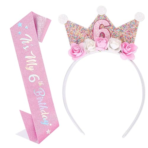 6 Jahr Geburtstagskrone Schärpe Set für Mädchen, Krone Geburtstag mit Rose Blumen, Geburtstagsdeko Mädchen 6 Jahr, Party Deko Hut für Kindergeburtstag, Prinzessin Stirnband für Kinder Geburtstag Party 6 Jahr Geburtstagskrone Schärpe Set für Mädchen, Krone Geburtstag mit Rose Blumen, Geburtstagsdeko Mädchen 6 Jahr, Party Deko Hut für Kindergeburtstag, Prinzessin Stirnband für Kinder Geburtstag Party von CensuobOB