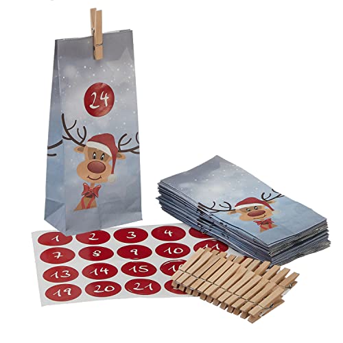 Adventskalender Rentier "Ole" DIY 72tlg. Bastelset │ 10x20x6cm Papiertüten Zahlensticker Schnur Klammern │ Weihnachten Adventszeit Kalender (1 x Adventskalender Rentier) von Cepewa