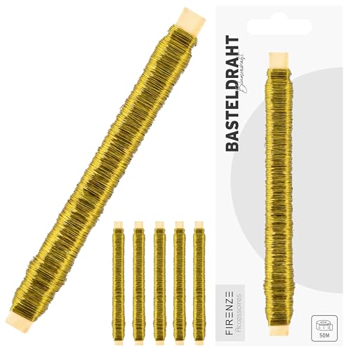 Basteldraht auf Holzstab 6er Set | 50m Eisen gold | Floristikdraht zum Basteln Gestecke Adventskranz Blumendekoration | Wickeldraht zur Befestigung im Garten (1 x 6er Set Bastedraht gold) von Cepewa
