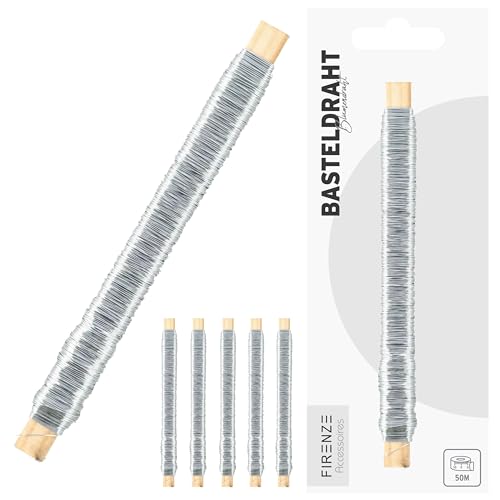 Basteldraht auf Holzstab 6er Set | 50m Eisen silber | Floristikdraht zum Basteln Gestecke Adventskranz Blumendekoration | Wickeldraht zur Befestigung im Garten (1 x 6er Set Bastedraht silber) von Cepewa