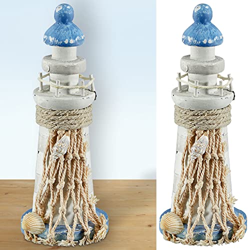 Cepewa Deko Leuchtturm │ Holz Seil Fischernetz Muscheln H12,5cm │ weiß blau grau Maritime Dekoration │ Leuchtfeuer Richtfeuer (1 x Leuchtturm H12cm) von Cepewa