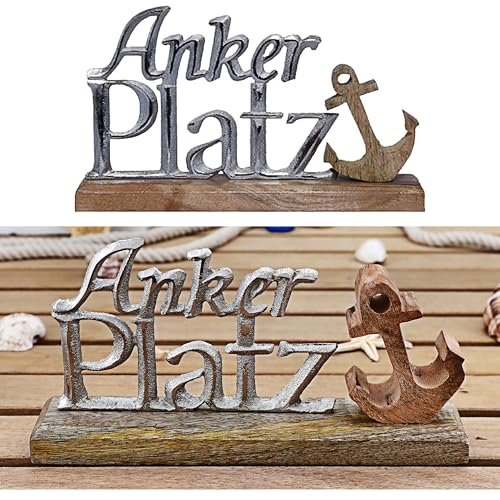 Cepewa Schriftzug 'Ankerplatz' Anker Silber | 25x15x5cm Mangoholz Aluminium | Dekoaufsteller Tischdeko Aufsteller maritim (1 x Schriftzug Ankerplatz Anker Silber 25x15cm) von Cepewa