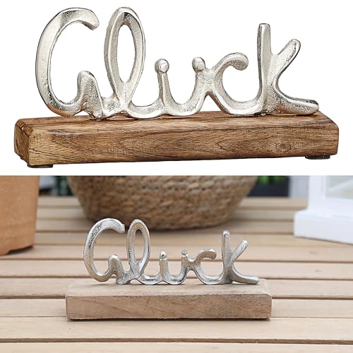 Cepewa Schriftzug 'Glück' Silber | 17x8x4cm Mangoholz Aluminium | Dekoaufsteller Tischdeko Aufsteller (1 x Schriftzug 'Glück' Silber 17x8x4cm) von Cepewa