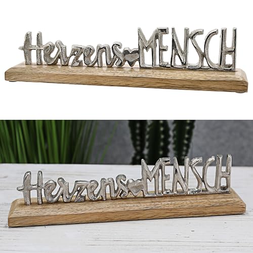 Cepewa Schriftzug 'Herzensmensch' Silber | 30x7,5x5cm Mangoholz Aluminium | Dekoaufsteller Tischdeko Aufsteller (1 x Schriftzug Herzensmensch Silber) von Cepewa