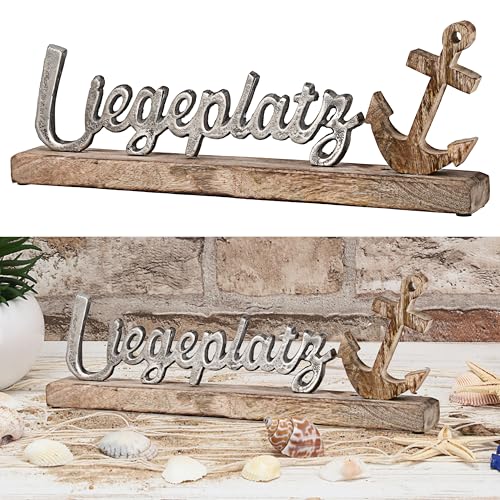 Cepewa Schriftzug 'Liegeplatz' Anker Silber | 40x15x5cm Mangoholz Aluminium | Dekoaufsteller Tischdeko Aufsteller maritim (1 x Schriftzug Moin Anker Silber 40x15cm) von Cepewa