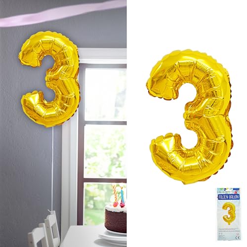 Folienballon Zahl Drei | gold H100cm BOPA/PET | Zahlenballon für die Geburtstagsparty (1 x Folienballon 3 gold) von Cepewa