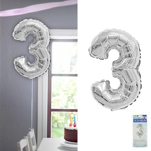 Folienballon Zahl Drei | silber H100cm BOPA/PET | Zahlenballon für die Geburtstagsparty (1 x Folienballon 3 silber) von Cepewa