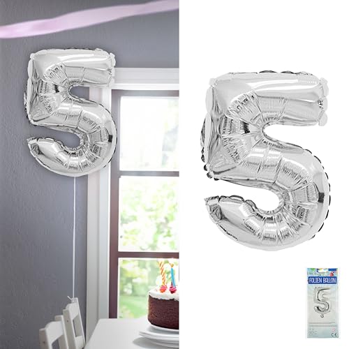 Folienballon Zahl Fünf | silber H100cm BOPA/PET | Zahlenballon für die Geburtstagsparty (1 x Folienballon 5 silber) von Cepewa