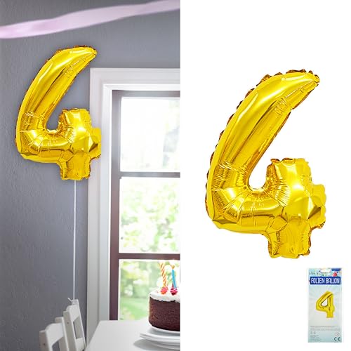 Folienballon Zahl Vier | gold H100cm BOPA/PET | Zahlenballon für die Geburtstagsparty (1 x Folienballon 4 gold) von Cepewa