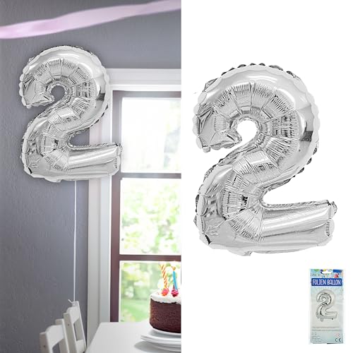 Folienballon Zahl Zwei | silber H100cm BOPA/PET | Zahlenballon für die Geburtstagsparty (1 x Folienballon 2 silber) von Cepewa
