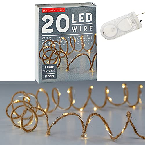 LED Lichterkette Mikro Draht auf Juteschnur | warmweiß L 120 cm mit 20 LEDs | Weihnachtsbeleuchtung Leuchtdraht | Dekolichterkette mit Batteriebetrieb (1 x 20 LED Lichterkette Juteschnur) von Cepewa