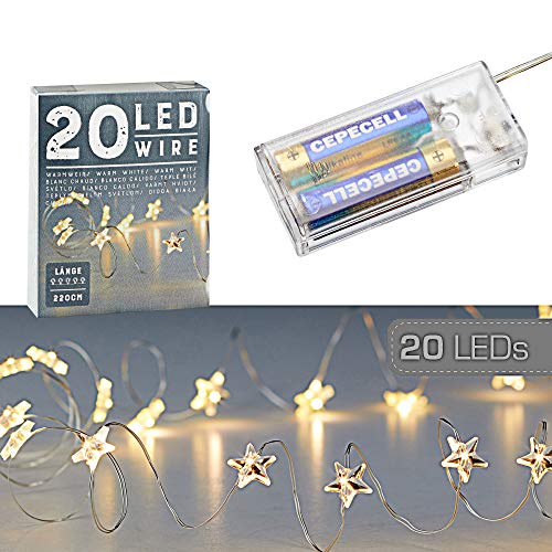 Mikro Draht Lichterkette Stern warmweiß silber Batterie Deko Beleuchtung Weihnachten (1 x 20 LED "Stern" Mikro-Draht Lichterkette) von Cepewa