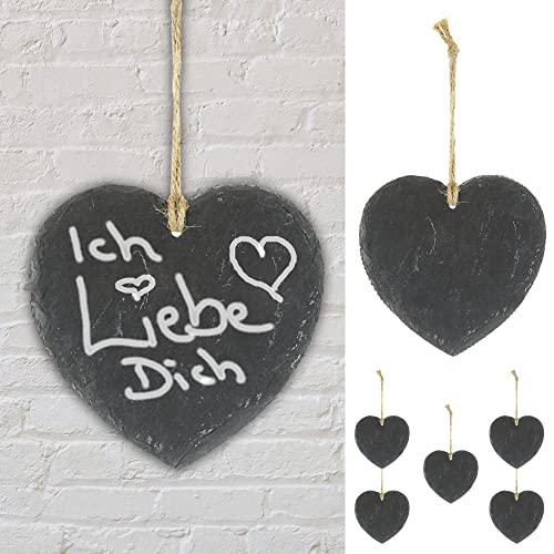 Schieferschild Herz 6er Set zum Beschriften mit Kreide | 15x15x0,4cm | Schiefertafel mit Juteseil zum Aufhängen (1 x 6er Set Schieferschild Herz) von Cepewa