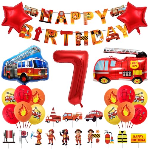 Geburtstagsdeko 7 Jahre Junge Feuerwehr Geburtstag Deko Feuerwehrwagen Folienballon Deko Kindergeburtstag Feuerwehrauto Luftballons Kuchendeko für Babyshower Jungen Party Dekoration von Ceqiny