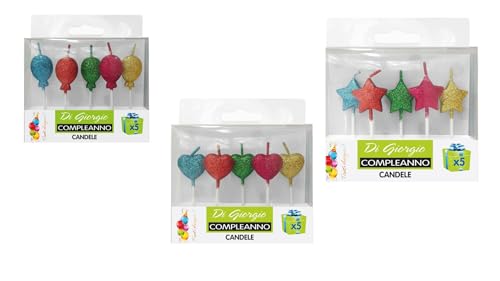 CERERIA DI GIORGIO Glitzerkerze Sterne/Herzen/Luftballons 5 Stück - verschiedene Formen von Cereria di Giorgio