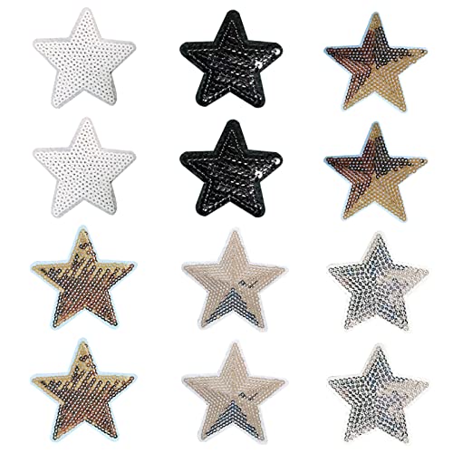 Cerioll Aufbügelflicken, 12 Pcs Fünfzackiger Stern Aufnäher, Bügelbild Stern mit Pailletten Silber, Aufbügeln Patch Sticker, Funkelnde Strass Aufkleber von Cerioll