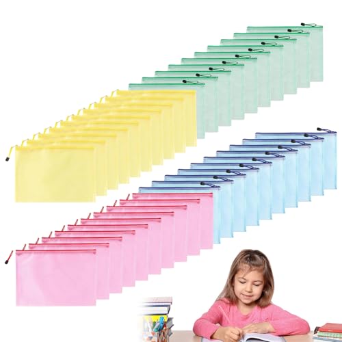 Dokumententasche A4 Reißverschluss, Mesh Kunststoff Reißverschlusstasche, 40 Stücke A4 Taschen Mit Zipper, Wasserdichte, Für Dokumente, Hausaufgaben, Reisezubehör (4 Farben) von Cerioll