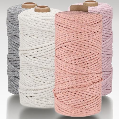Cerkkapo 4 Stück Makramee Garn, Premium Macrame Garn 3mm x 400m DIY Naturgarn Baumwollschnur Baumwollgarn Schnur Baumwollkordel für Wandpflanze Handwerk- Weiß Hellrosa Hellgrau Lederrosa Makrameegarn von Cerkkapo