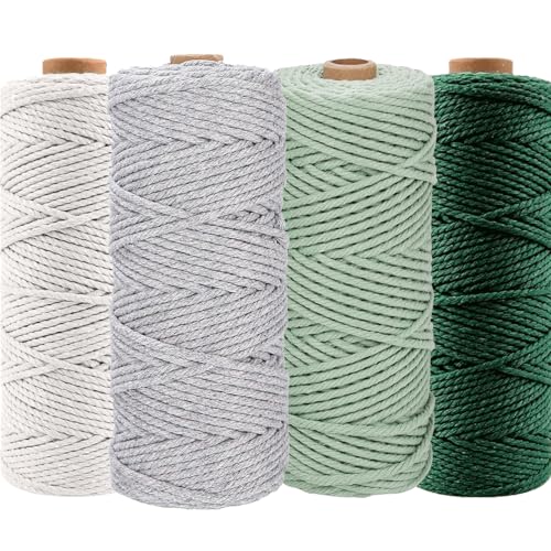 Cerkkapo Makramee Garn 4er Set,3mm x100m Macrame Cord,100%Baumwollseil Makramee Baumwollgarn,MakrameeSchnur MakrameeKordel,Baumwollkordel in Naturtönen für DIY Handwerk Stricken Wandbehänge Türvorhang von Cerkkapo