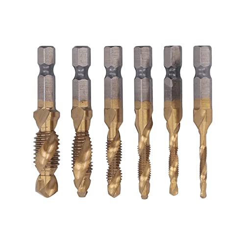 6 PCs Drill- und Tap -Set, Kombination TAPS -Bohrbits Set, metrische Gewinde -Tap -Bohrer, M3 M4 M5 M6 M8 M10 Hex Shank, zum Klopfen von Gewindern in Holzplastik und Aluminium (Gold) von Cerlyiont
