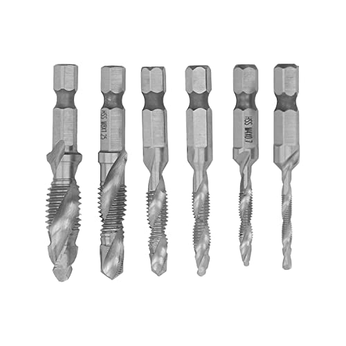 6 PCs Drill- und Tap -Set, Kombination TAPS -Bohrbits Set, metrische Gewinde -Tap -Bohrer, M3 M4 M5 M6 M8 M10 Hex Shank, zum Klopfen von Gewindern in Holzplastik und Aluminium (Silber) von Cerlyiont
