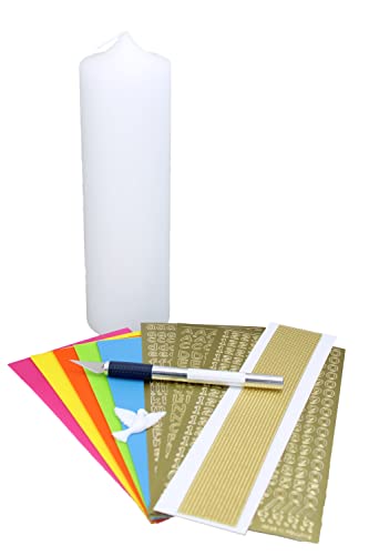 Cerziies Taufkerze-Bastelset mit Kerzen-Rohling, Buchstaben, Wachsplatten/-Streifen und Taube, Größe:ca. 40x5 cm von Cerziies