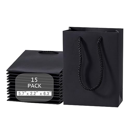 Yukijiaojiao 15 Stück Kraftpapiertüten Geschenktüten Schwarz Papier Partytüten 12 x 5,7 x 16 cm mit Baumwollgriff von Cevvako