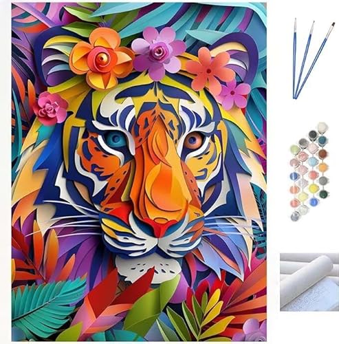 Malen Nach Zahlen Erwachsene Kit, Malen Nach Zahlen Tiger Bunt Anfänger DIY Paint by Numbers mit Pinseln und Acrylfarben, DIY Ölgemälde Leinwand Basteln für Home Wall Deco (Ohne Rahmen) 40x60cm WK-639 von Cexeqee