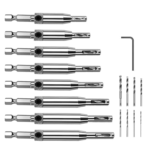 Selbstzentrierendes Bohrer-Set für Scharniere, Sechskantschaft, mit 1 Sechskantschlüssel und 8 Bits, für Holzbearbeitungswerkzeuge für Türen und Fenster, Schränke, 17 Stück von CeyMlem