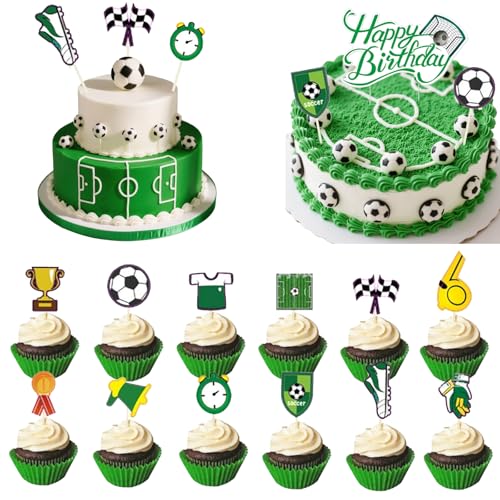 Cfcyhla 13 Stück Tortendeko Fussball Set,Happy-birthday Cupcake Topper,Tortendeko Geburtstag football Deko,12 Fußball Torte Topper und 1 Happy Birthday Kuchenaufsatz von Cfcyhla