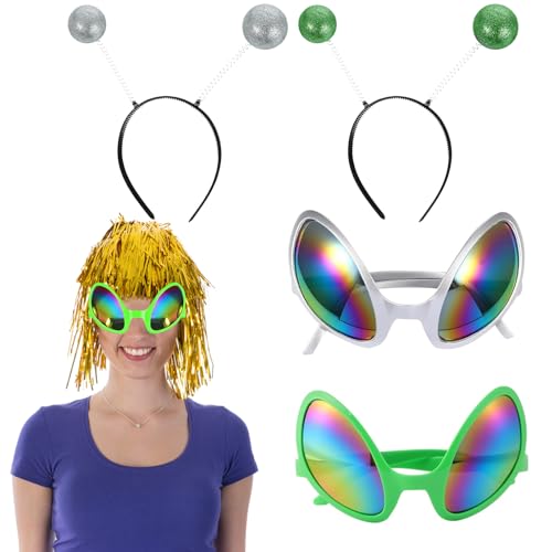ChAusa 2 Paare Alien Stirnband und Brille, Alien Regenbogenlinse Sonnenbrille, Alien Stirnband in Silber und Grün, Martian Antenne Stirnband, für Party Atmosphären Requisiten mit Alien-Motto von ChAusa