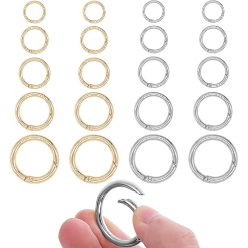 ChAusa 20 Stück Karabiner Rund Set 11/13/17/20/25 mm Karabiner Feder O Ringe,Gold Silber Federspaltringe,Karabiner Ring für Schlüssel,Rucksack Anhänger,Geldbörsen,Handtasche und DIY Handwerk von ChAusa