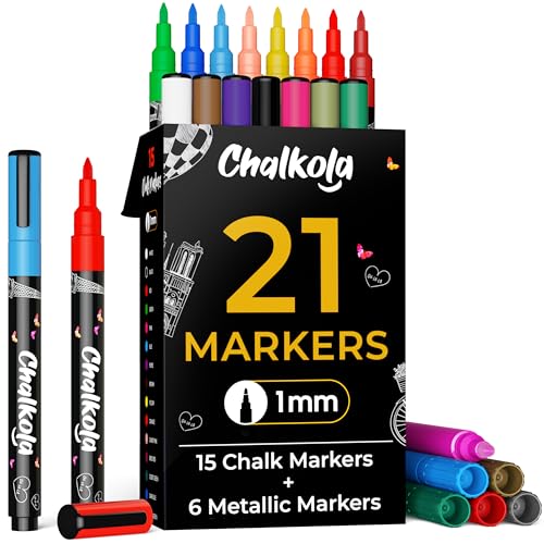 Chalkola 21 Kreidestifte für Tafel Abwaschbar - (21 Stifte 1mm, Kreidestift) | Kreidestifte für Fenster, Tafelkreide & Metallic Glasstifte, Chalk Marker, Kreidemarker Abwischbar, Fensterfarben Kinder von Chalkola