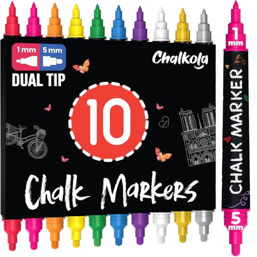Chalkola Kreidestifte mit Doppelspitze – 10er-Set (1mm & 5mm, inkl. Gold & Silber) | Nass abwischbare Marker für Tafeln, Fenster, Kalender, Glas & Whiteboard von Chalkola