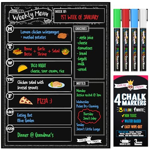 Chalky Crown - Essensplaner Woche Abwischbar - Magnetische Menütafel für den Kühlschrank mit 4 Flüssigkreidemarkern - Wöchentlicher Planer, Einkaufsliste, Notizblock für Küche von Chalky Crown