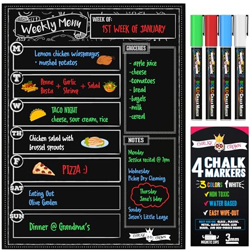 Magnetische trocken löschbare Menütafel für Kühlschrank inkl. 4 Flüssigkreide-Marker – Wochenplaner Tafel, Lebensmittelliste und Notizblock für Küche Kühlschrank – Kreidetafel Magnet von Chalky Crown