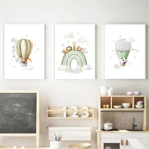 champracer 3er Set Poster Kinderzimmer, Boho Deko Wandbilder, Bilder Leinwand Wandposter Kinderzimmer, Kinderbilder Regenbogen Wildtiere Heißluftballons, Ohne Rahmen (40 * 50 cm) von champracer