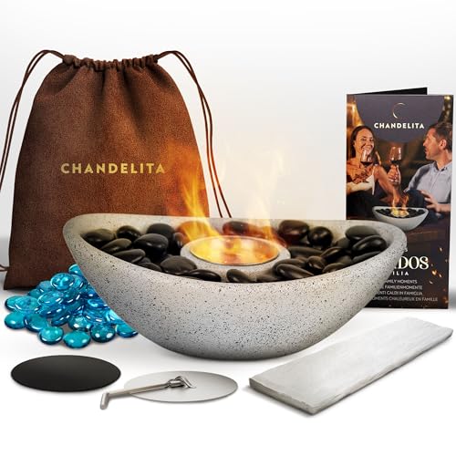 Chandelita Bioethanol Tischkamin Indoor und Outdoor 28 x 19 x 8 cm und mit Schmucksteinen und Tasche - Ethanol Kamin Indoor - Tischfeuer Indoor - Bio Ethanol Tisch Kamin (Oval Grau) von Chandelita