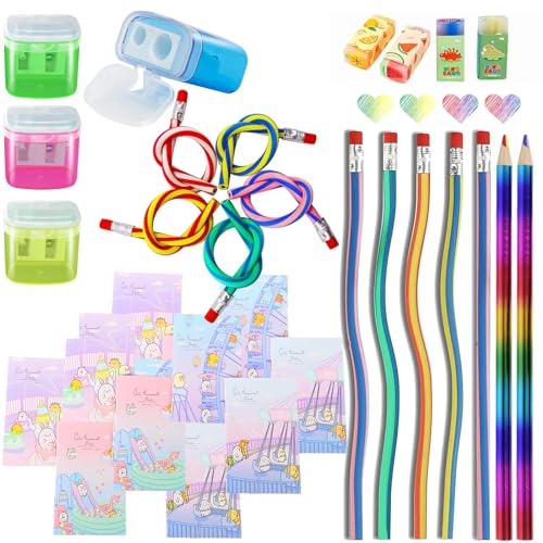 ChaneeHann 27 Stück Schulanfang Set, Zauberstift Biegebleistift Kinder mit Bleistiftspitzer, Radiergummi, Notizbuch Werbegeschenke Kinder Geburtstag für Kinder zurück zu Schule Party Geschenke von ChaneeHann