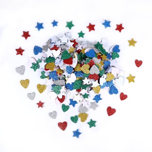 450 Stück Herz Sticker Moosgummi Glitzer, Sternaufkleber, Glitzersticker, Sterne zum Basteln, Star Moosgummi Selbstklebende, Glitzerkleber für Kinder, Sterne Basteln (B) von ChanraingYee