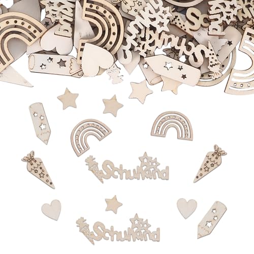 100 Stück Einschulung Deko Holzspäne, Holz Schulkind Deko mit 6 Mustern für Einschulung Junge/Mädchen, Schultüten Regenbogen Liebesherz Bleistift Stern von Chanumetal