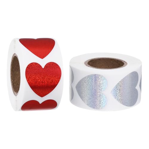 1000 Stück Herz Sticker Liebe, Glitzer Aufkleber zum Beschriften, 2,5 cm Herzen Sticker für Hochzeit, Herz Aufkleber für Geburtstagsgeschen (Rot Silber) von Chanumetal
