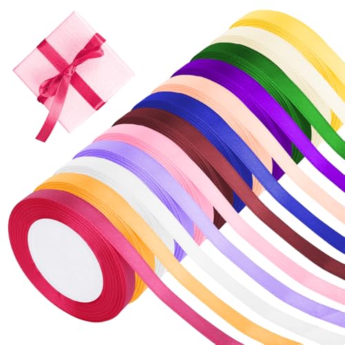 12 Farben Schleifenband, Breit 10mm x 22m Geschenkband Set, Polyester Satinband Bunt, Schleifen Band für DIY Schleifen Geschenk Verpackung Girlande (12 Farben, 10mm) von Chanumetal
