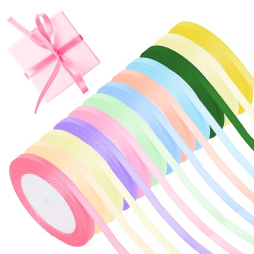 12 Farben Schleifenband, Breit 6mm x 22m Geschenkband Set, Polyester Satinband Bunt, Schleifen Band für DIY Schleifen Geschenk Verpackung Girlande (12 Farben, 6mm) von Chanumetal