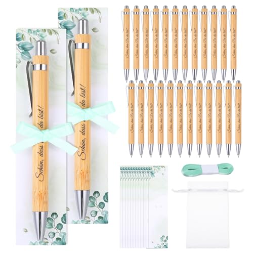 Chanumetal 24 Set Schön Das du da Bist Gastgeschenke Hochzeit Holz Kugelschreiber, Dankeschön Geschenke Klein mit Stift Karte Band Gaze Tasche, Gastgeschenke Kommunion (24) von Chanumetal