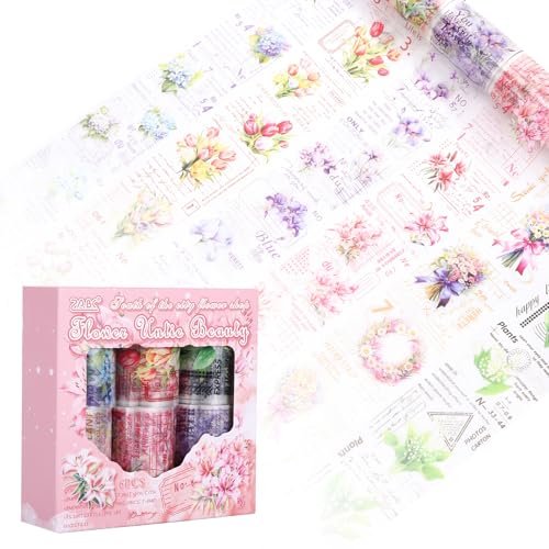 Chanumetal 6 Rolls Washi Tape Set, Journaling Zubehör, PET Bunte Blumen Sticker Rolle, Washi Sticker Glitzer für Washies Scrapbook Zubehör, Tagebuch, Handwerk und Album Dekoration (Blumen1) von Chanumetal
