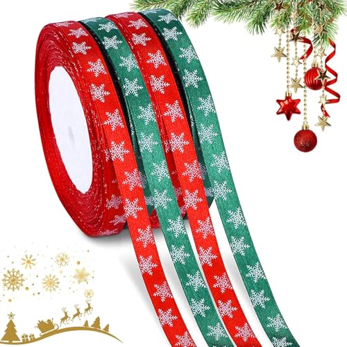 4 Rollen 100m Weihnachten Geschenkband Satinband, Schneeflocken Bänder zum Geschenk Verpackung, 10 mm Breit Dekoband Organzaband für Hochzeit Basteln Deko (Grün, Rot) von Chanurae