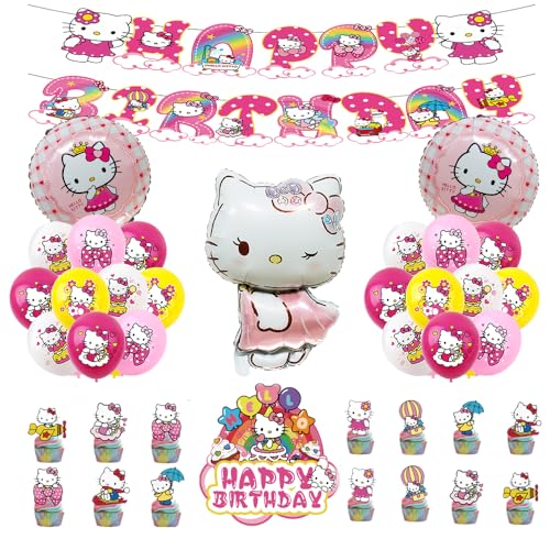 36PCS Kätzchen Geburtstagsparty Set, rosa Geburtstagsdekorationsset, Kätzchen Kuchendekorationen Partydekorationen mit Cartoon Ballons von Chaopisz